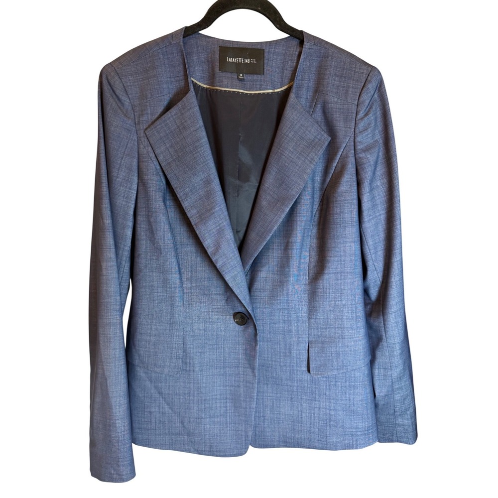 Lafayette 148 New York Blue Virgin Wool Single Button Blazer Jacket Size 10
